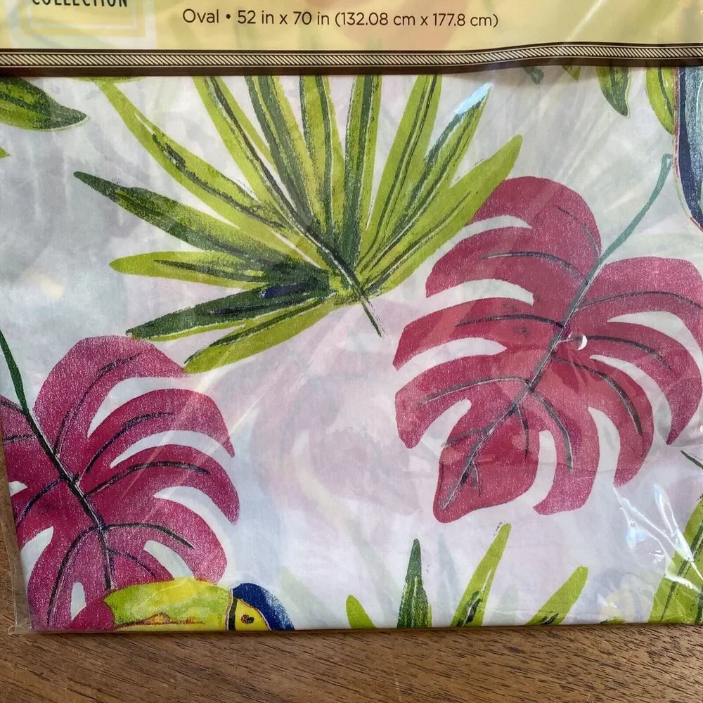 NEW Home Collection Flannel Backed Tablecloth 52” X 70” Oval Pink Green Birds